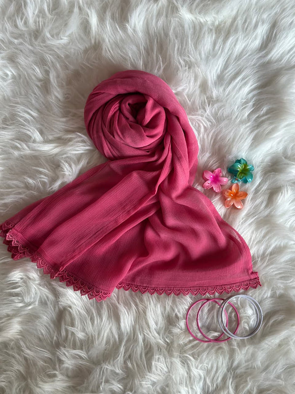 Dark Pink Chiffon Dupattas With Lace