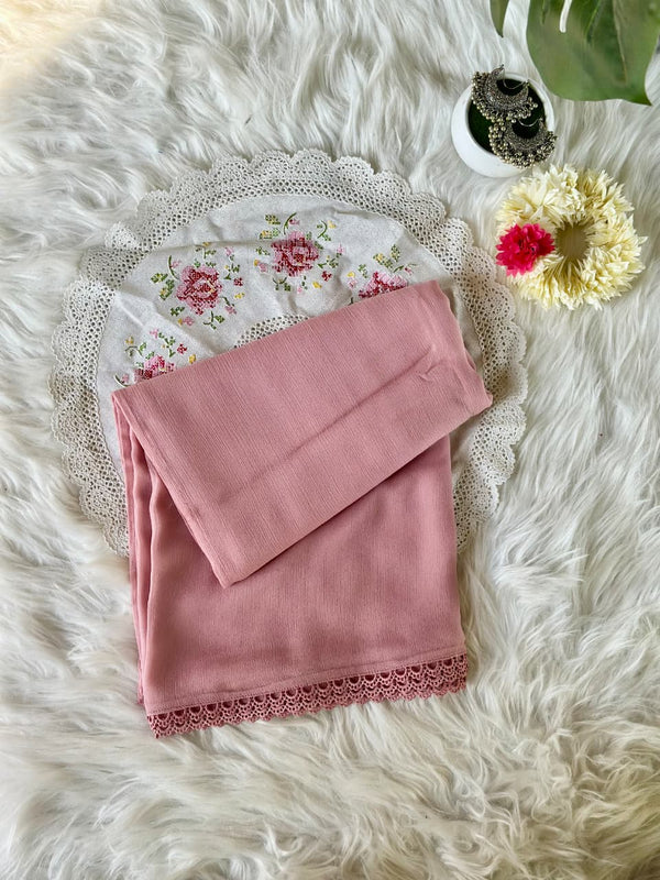 Pastel Pink Chiffon Dupattas With Lace