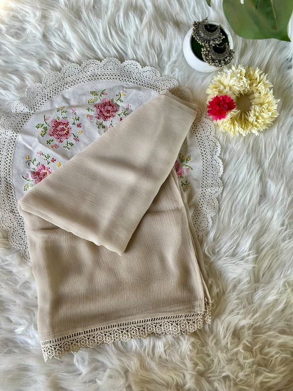 Light Beige Chiffon Dupattas With Lace