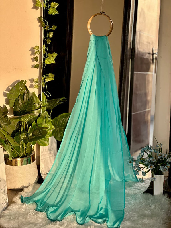 Turquoise Chiffon Dupattas With Lace