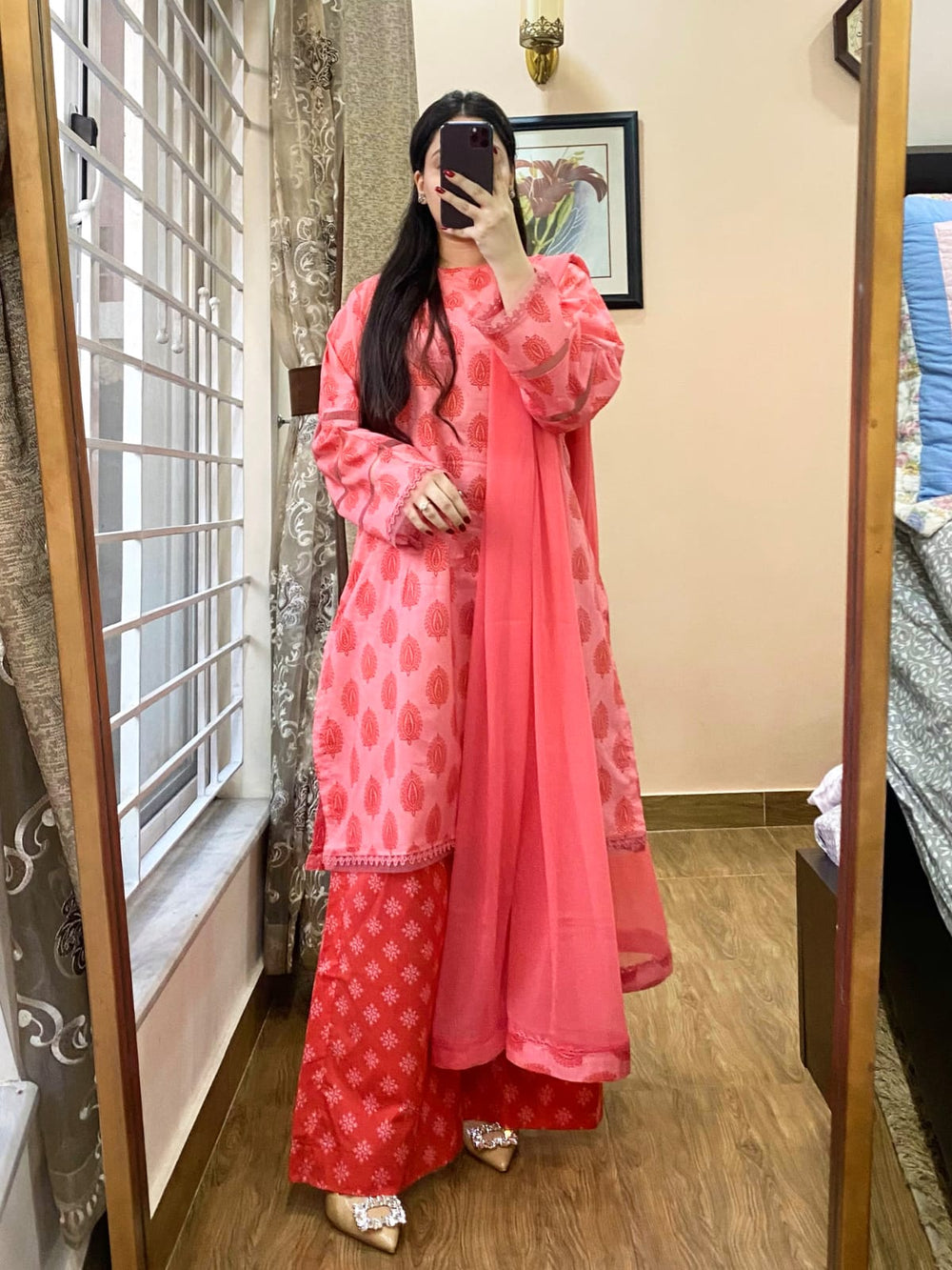 3 Piece - Lawn Cambric Printed Dress With Plazo