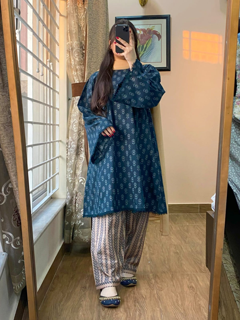 3 Piece - Lawn Cambric Printed Dress with Shalwar