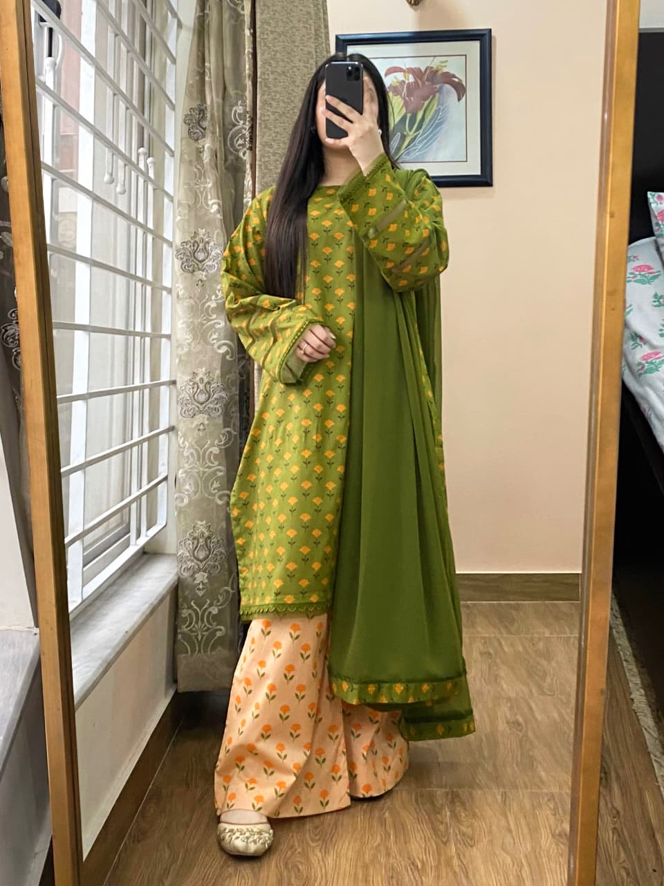 3 Piece - Lawn Cambric Printed Dress With Plazo