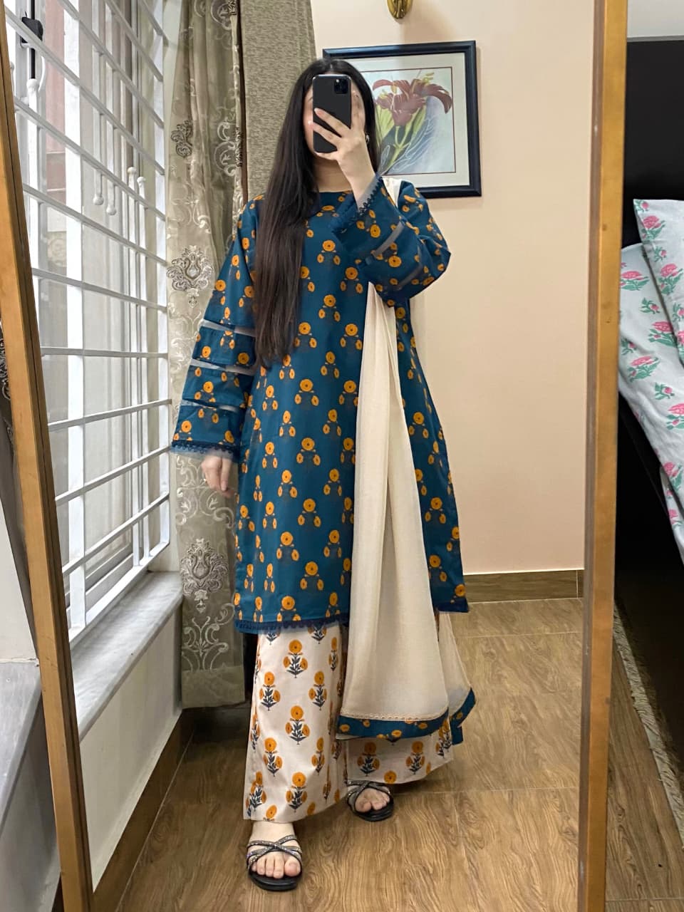 3 Piece - Lawn Cambric Printed Dress With Plazo