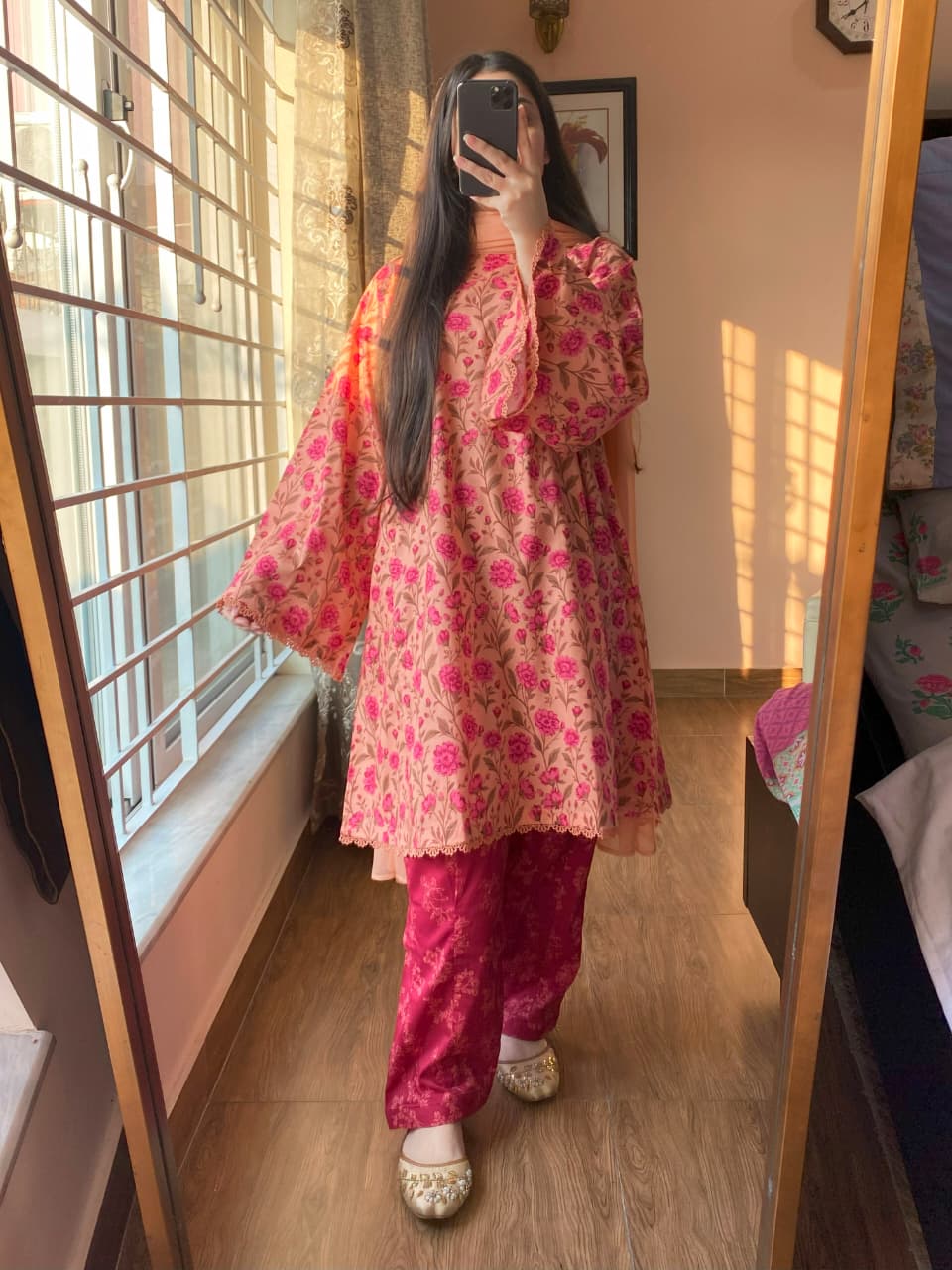 3 Piece - Lawn Cambric Printed Dress with Shalwar