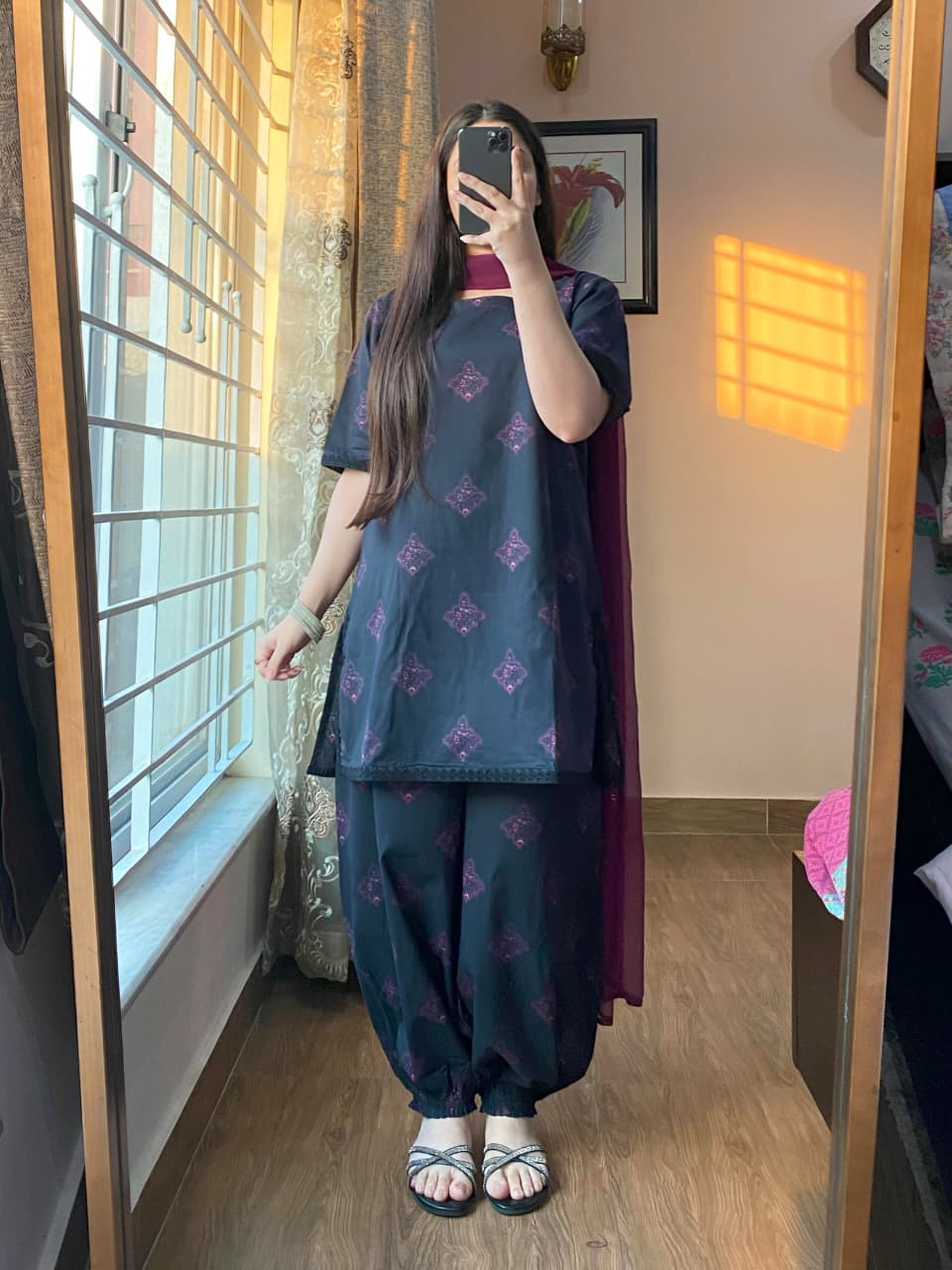 3 Piece - Lawn Cambric Printed Dress With Balloon Shalwar