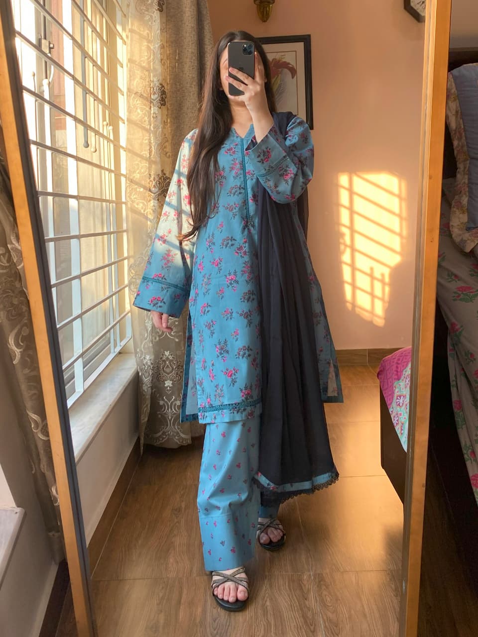 3 Piece - Lawn Cambric Printed Dress with Farshi Shalwar