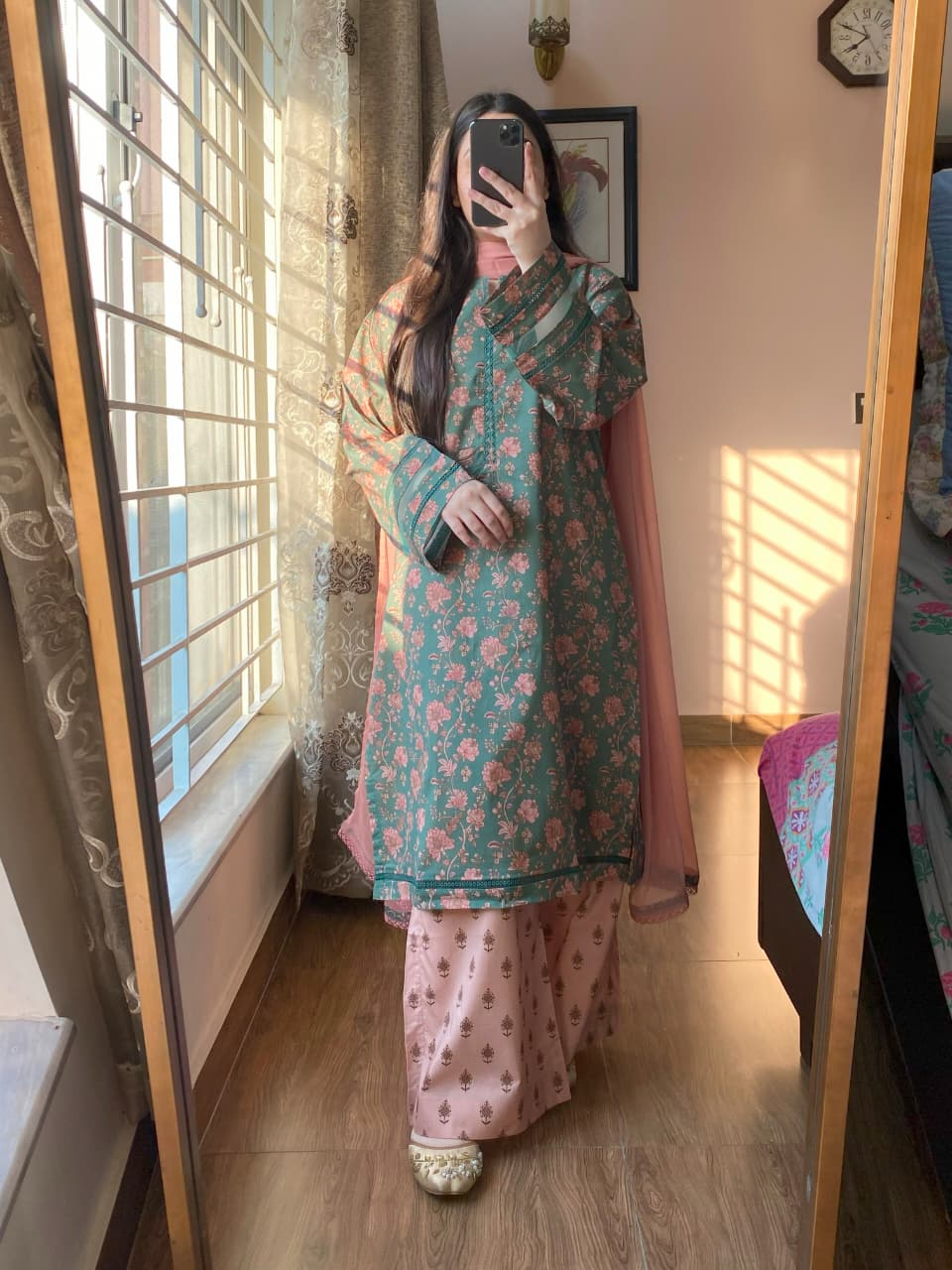 3 Piece - Lawn Cambric Printed Dress With Plazo