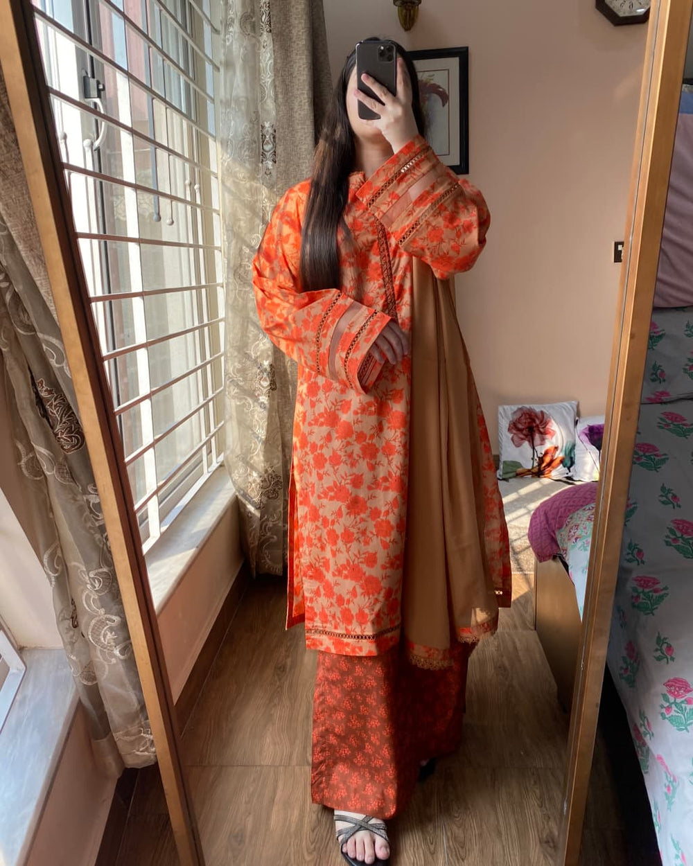 3 Piece - Lawn Cambric Printed Dress With Plazo