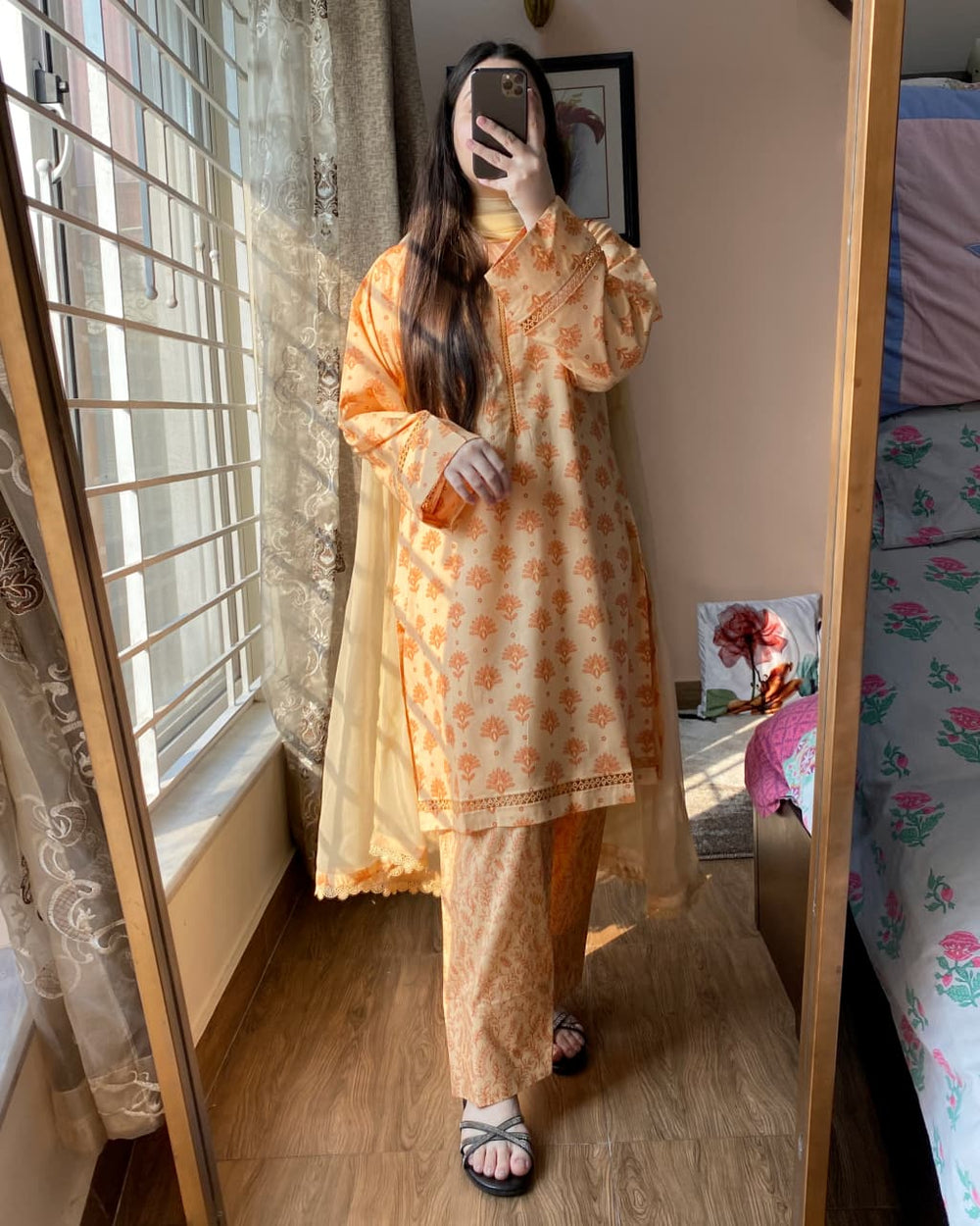 3 Piece - Lawn Cambric Printed Dress with Farshi Shalwar