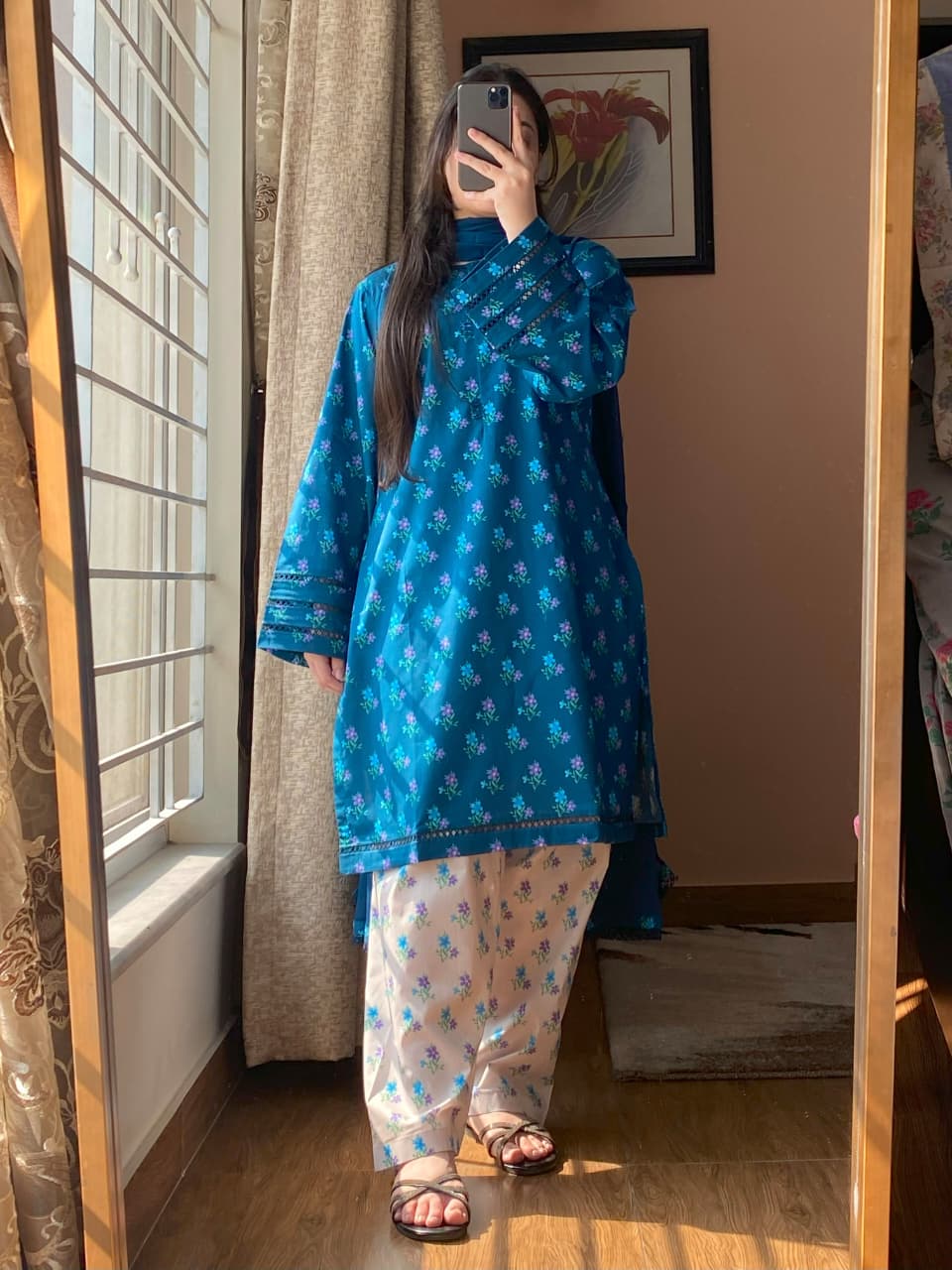 3 Piece - Lawn Cambric Printed Dress with Shalwar