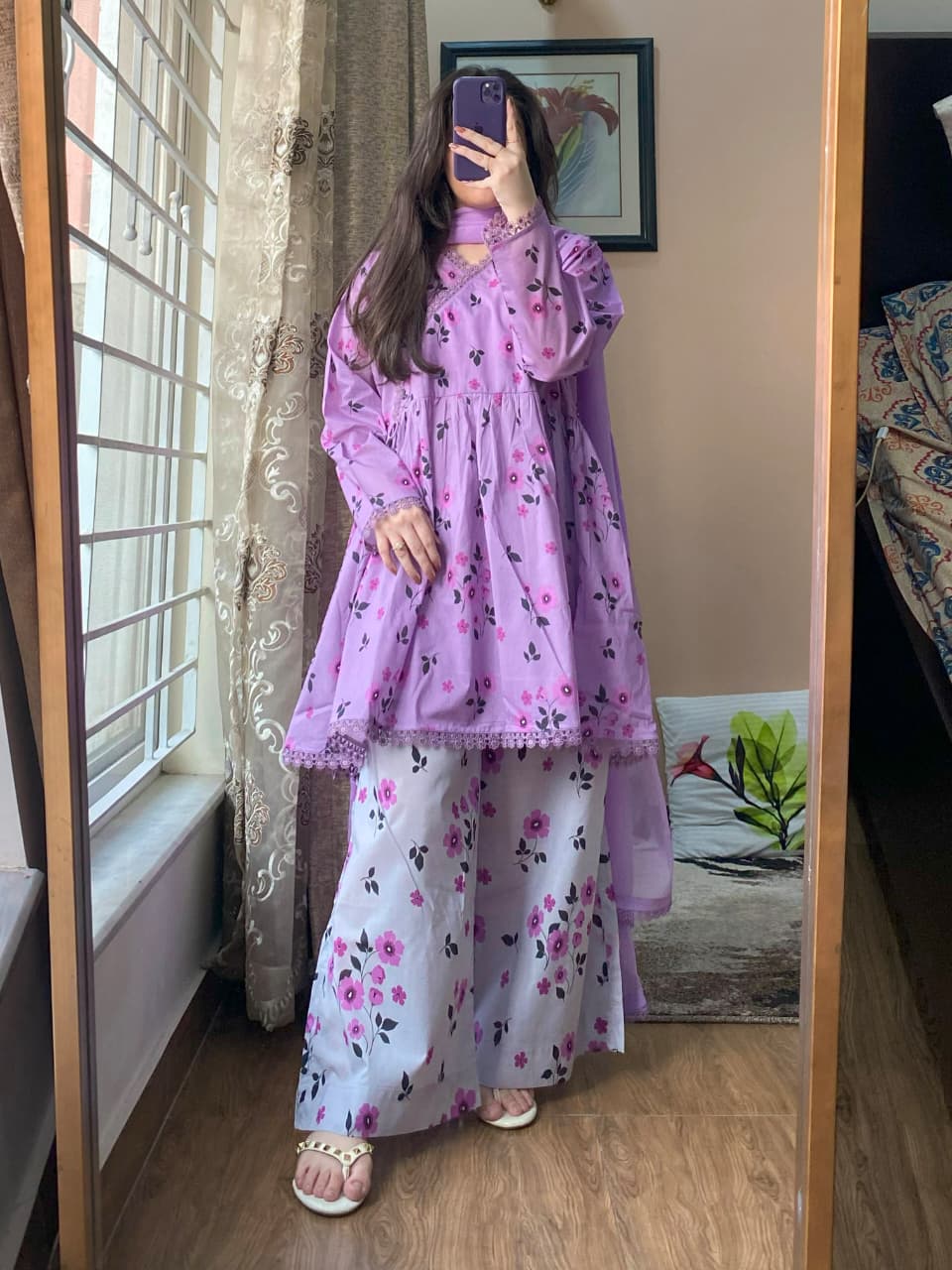 3 Piece - Lawn Printed Dress with Loose Plazo