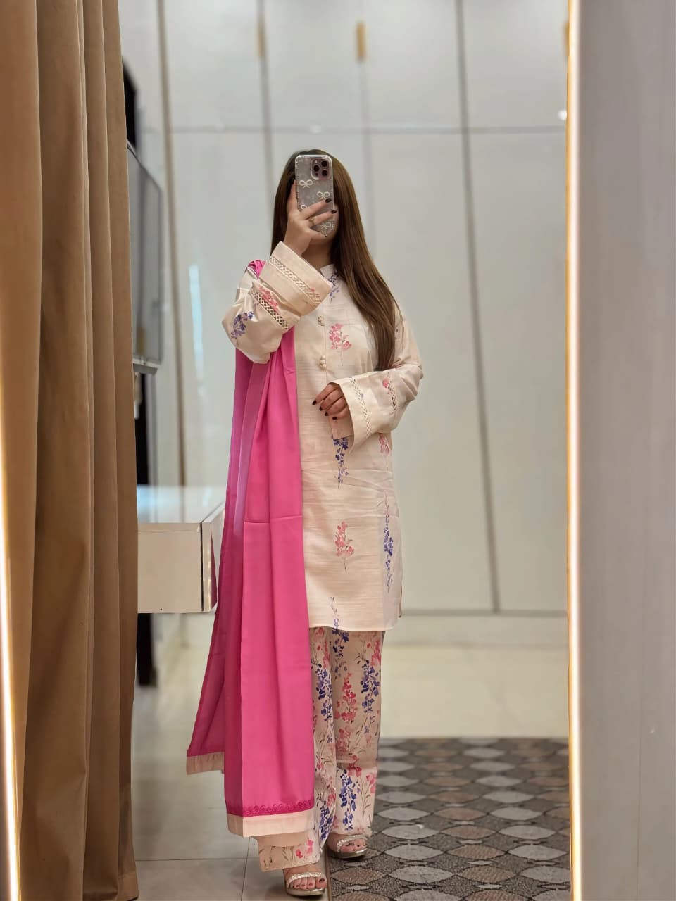 3-Piece Khaddar Printed Dress with Farshi Shalwar