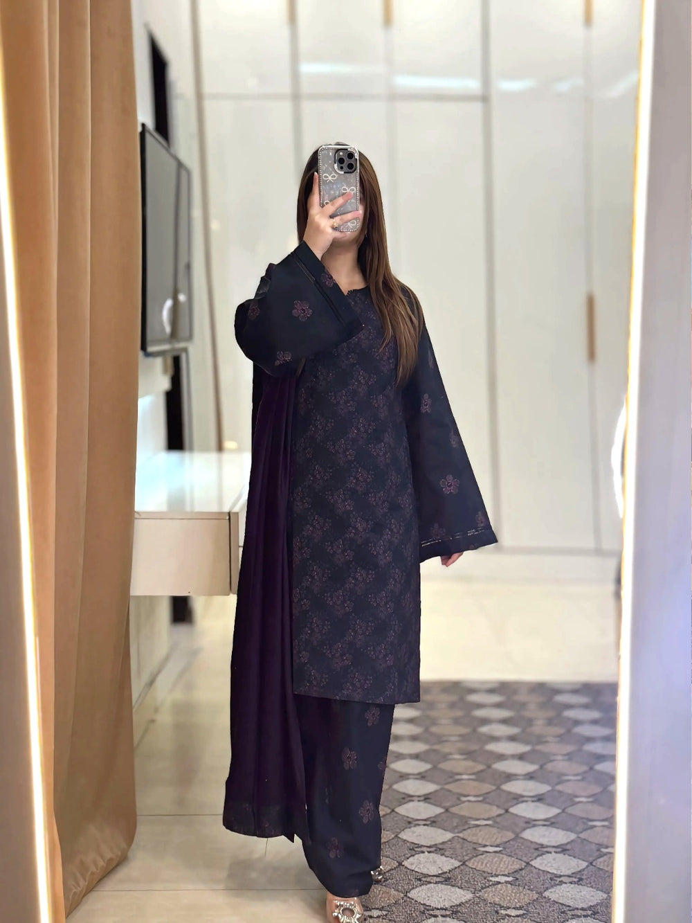 3 Piece - Khaddar Printed Dress with Shalwar
