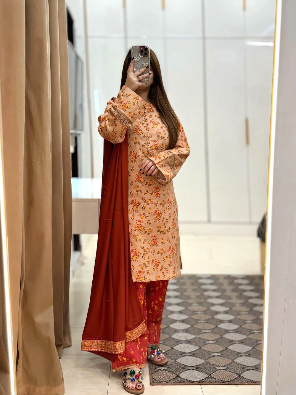 3 Piece - Khaddar Printed Dress with Farshi Shalwar