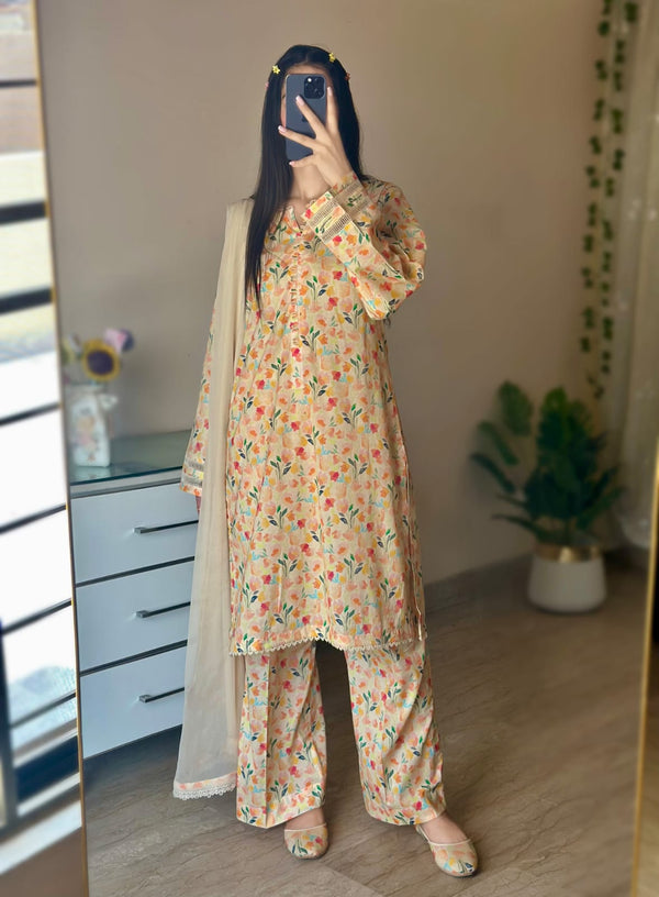 3 Piece - Lawn Printed Dress With Plazo