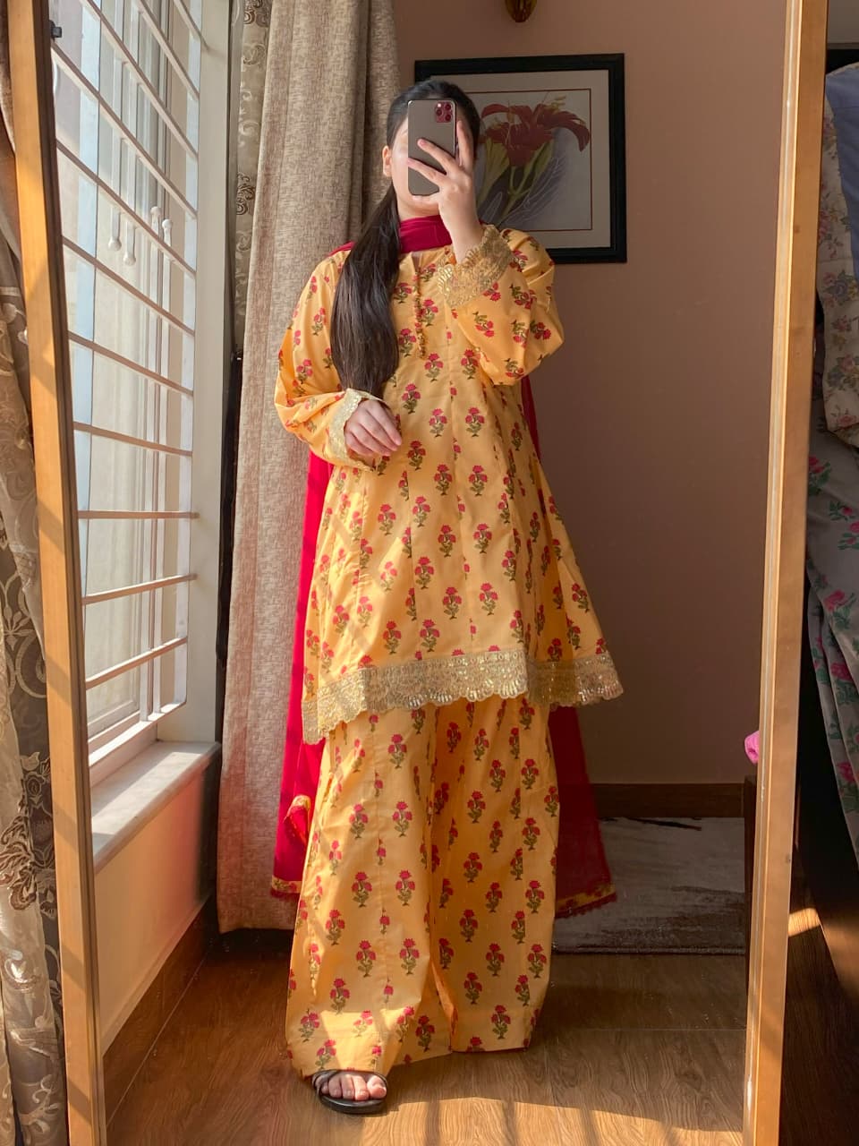 Lawn Cambric Printed Dress With Sharara