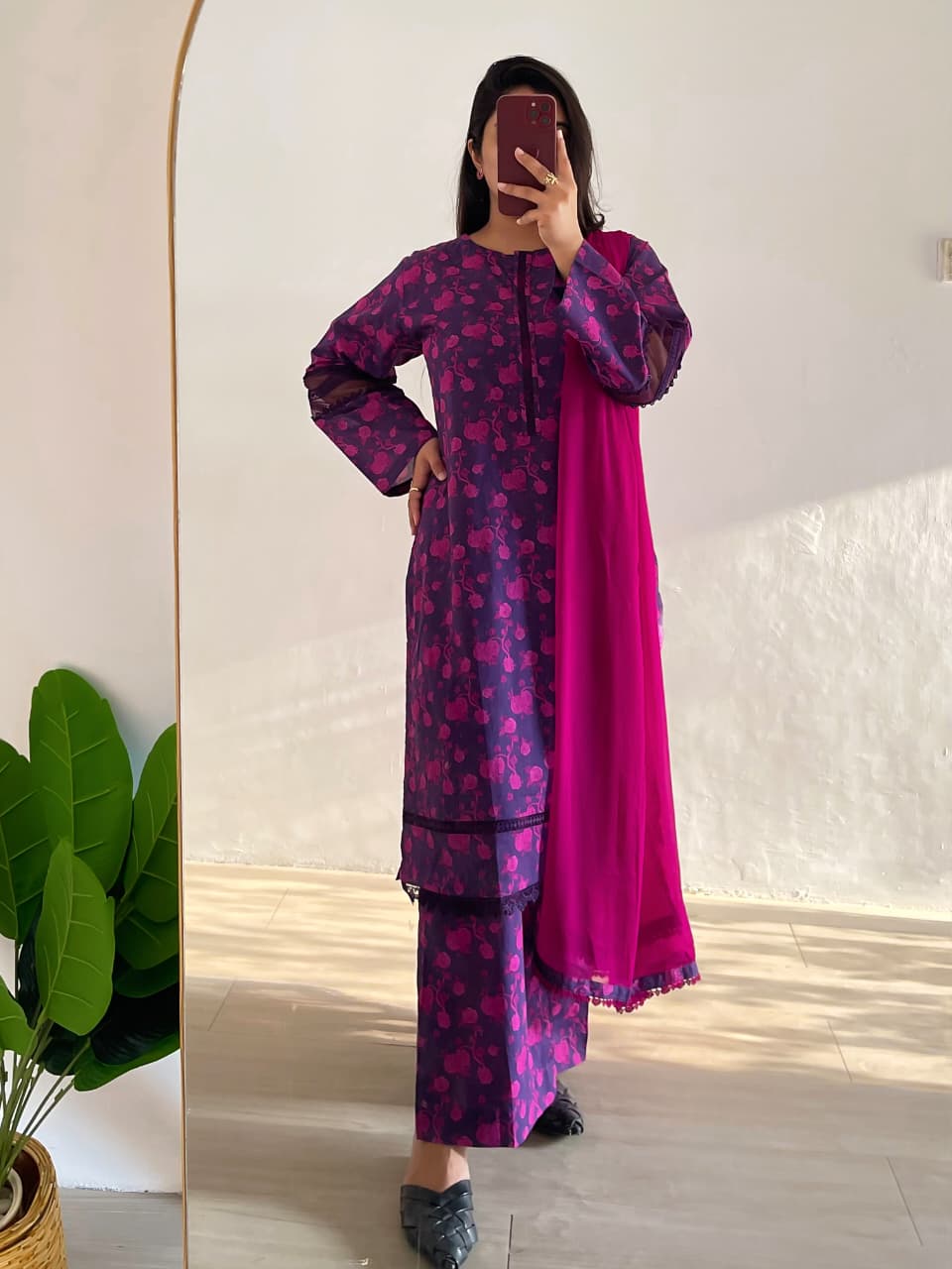 3 Piece - Lawn Printed Dress With Plazo