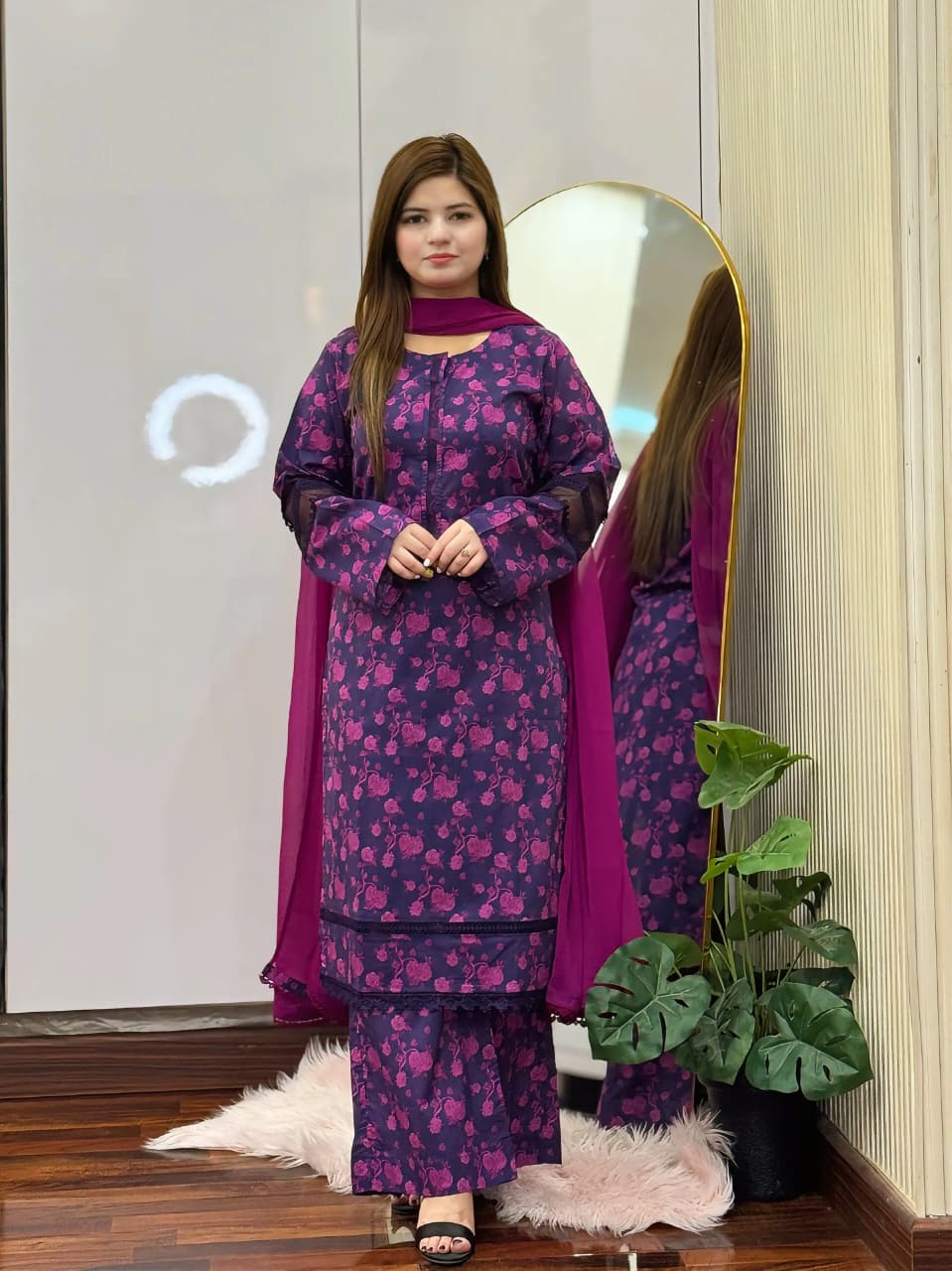 3 Piece - Lawn Printed Dress With Plazo
