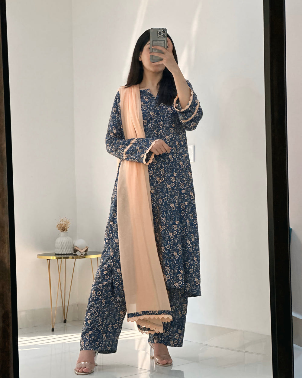 3 Piece - Linen Printed Zinc Blue Dress