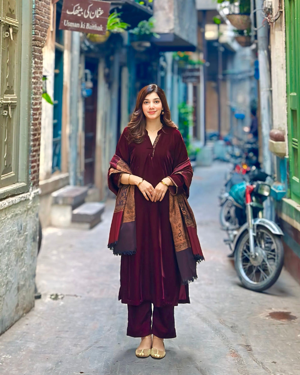 3 Piece Velvet Maroon Dress with Shawl