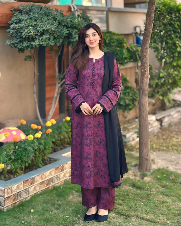 3 Piece - Dobby Khaddar Printed Burgundy Floral Dress