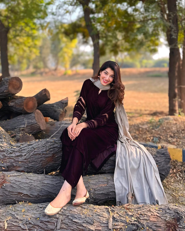 Velvet Deep Maroon Dress with Shawl