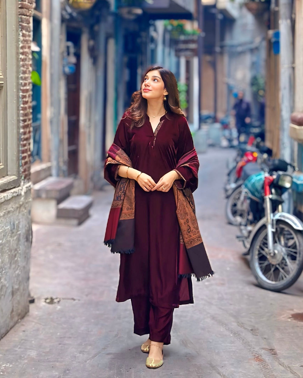 Velvet Maroon Dress with Shawl