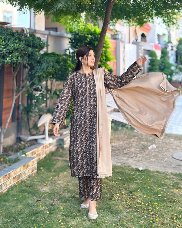 3 Piece - Khaddar Printed Brown Floral Dress