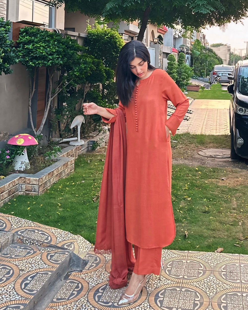 3 PIECE – SILK KARANDI APRICOT ORANGE DRESS