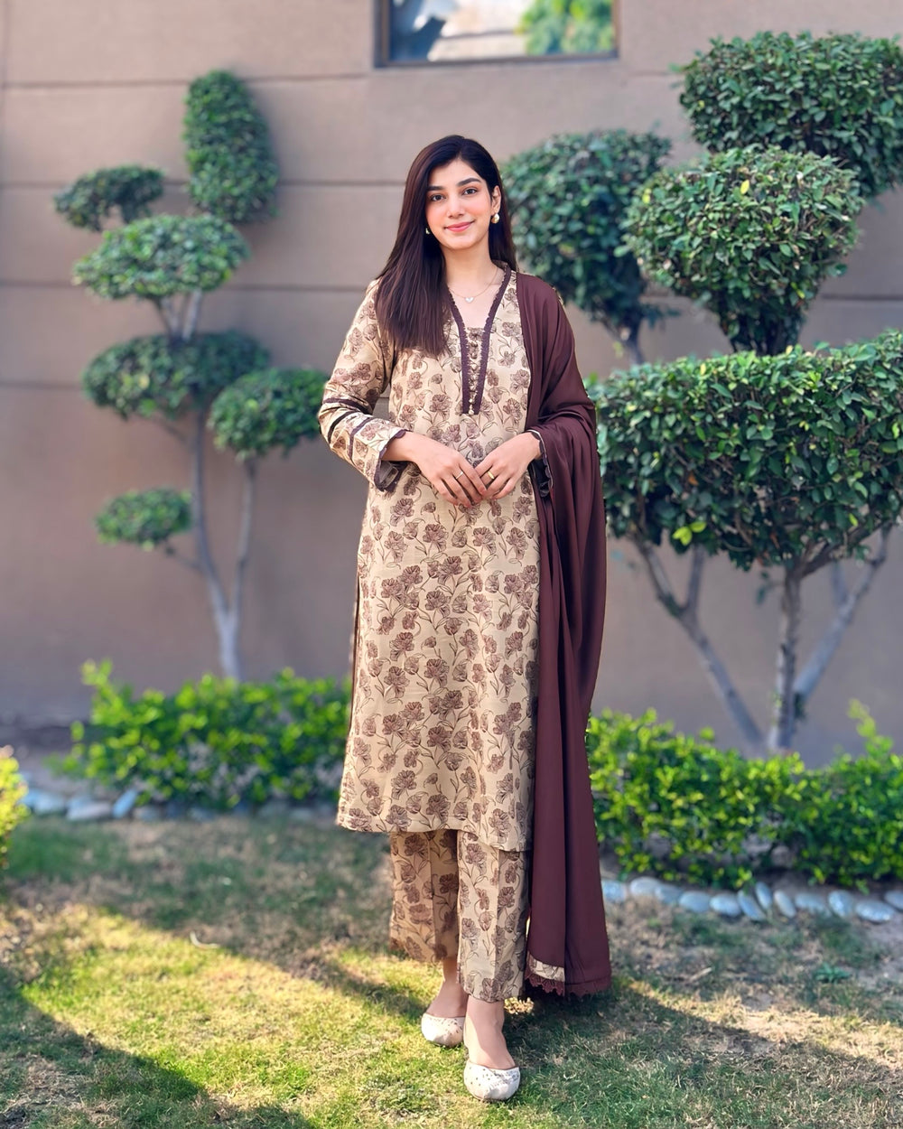 3 Piece - Khaddar Printed Beige Brown Dress