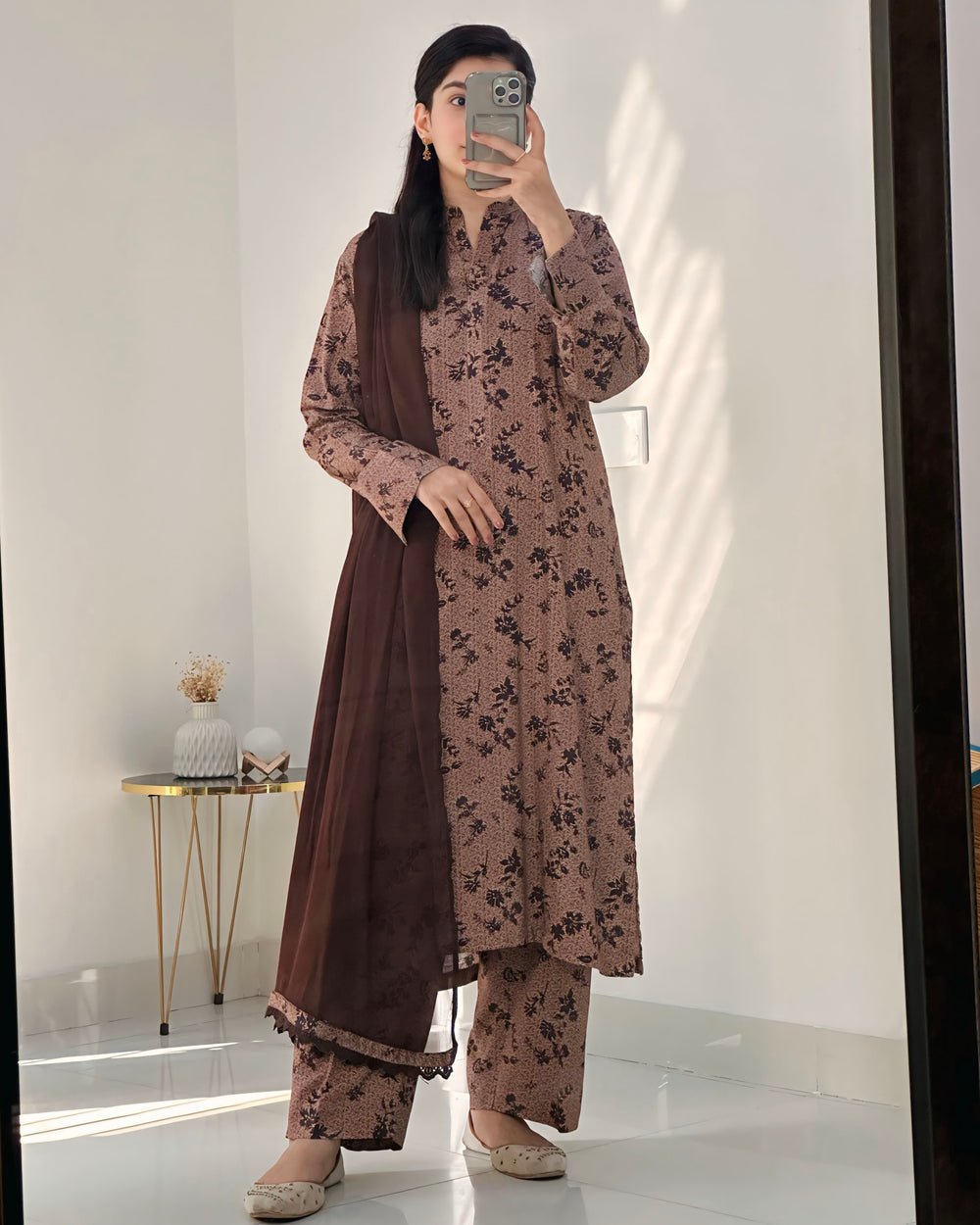 3 Piece - Linen Printed Brown Dress