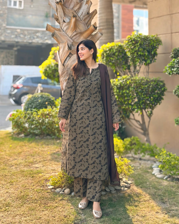 3 Piece - Khaddar Printed Olive Floral Dress