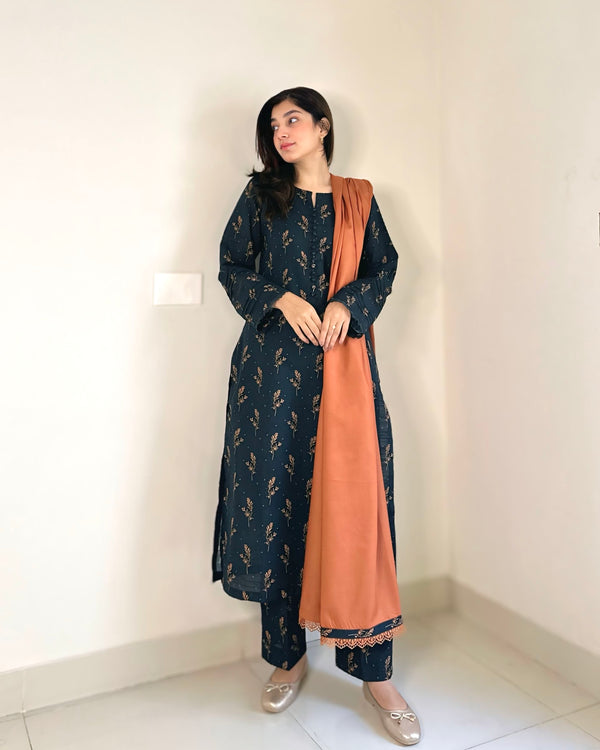 3 Piece - Khaddar Printed Zinc Blue Dress