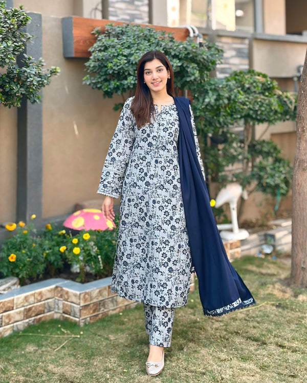 3 Piece - Khaddar Printed Blueish Grey Dress