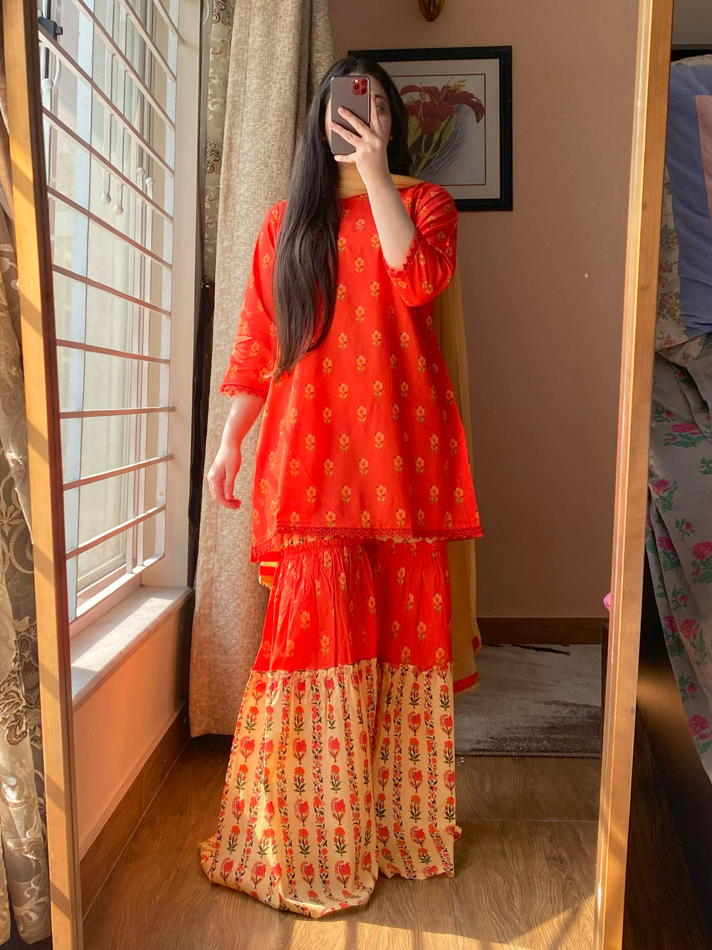 3 Piece - Lawn Cambric Printed Dress With Sharara