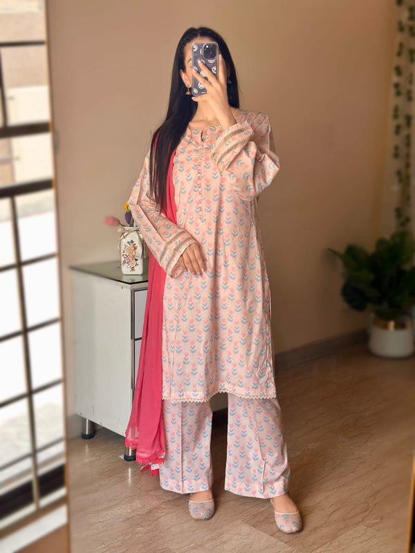 3 Piece - Lawn Printed Dress With Plazo