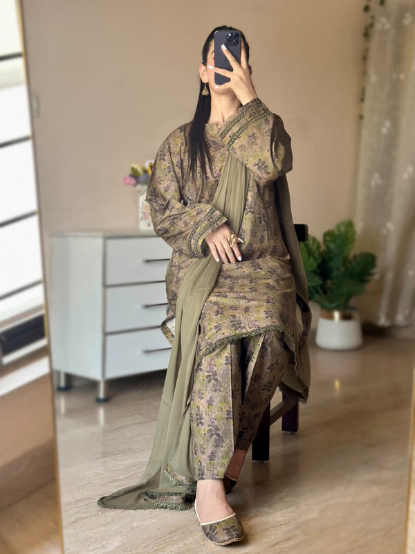 3 Piece - Lawn Printed Dress With Plazo