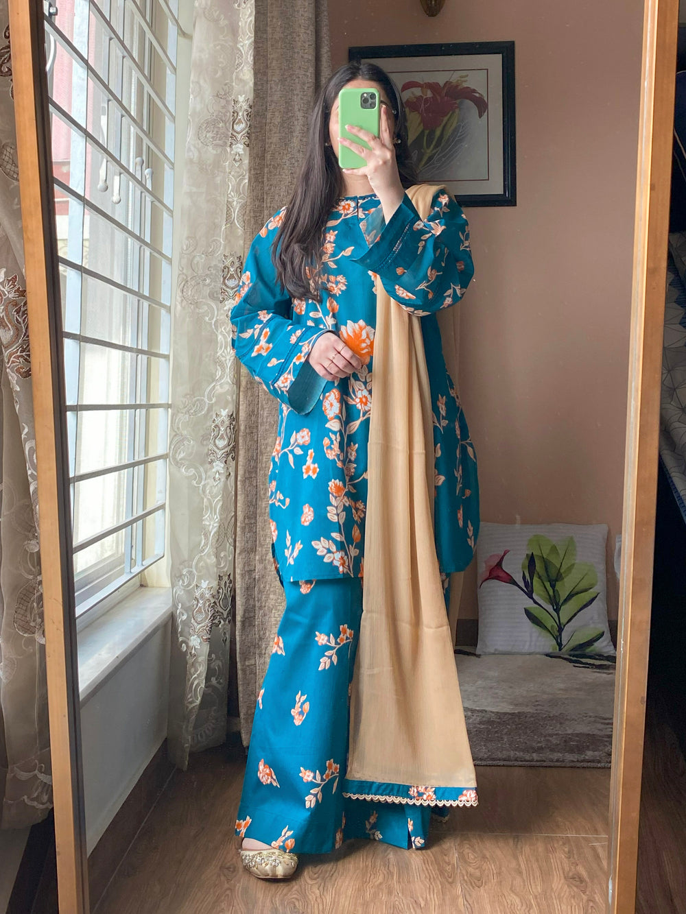 3 Piece - Lawn Printed Dress With Loose Plazo