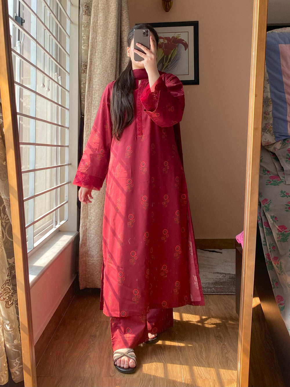 3 Piece - Lawn Cambric Printed Dress With Plazo