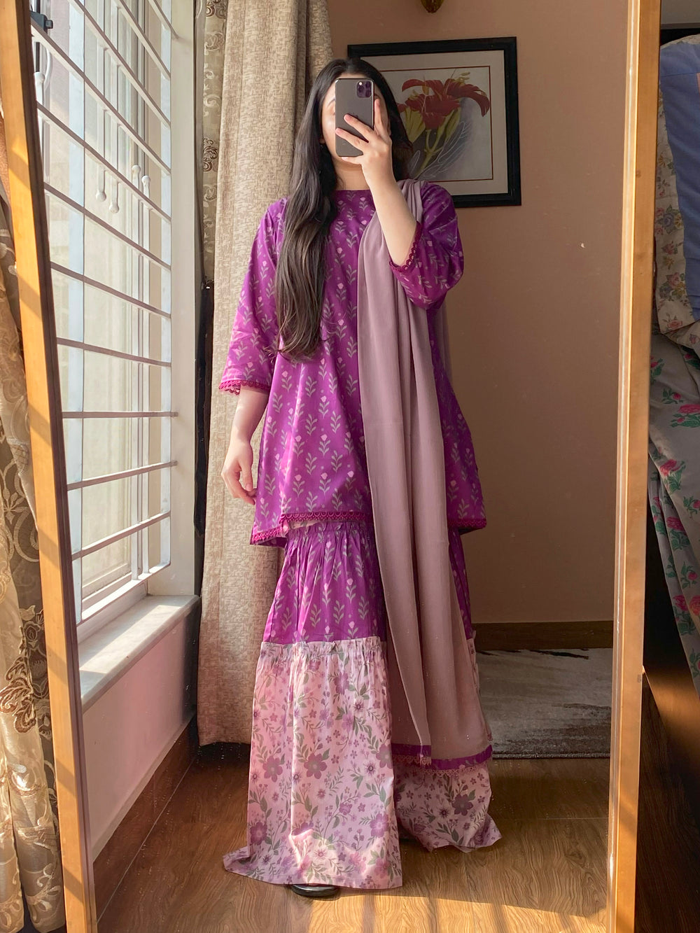 3 Piece - Lawn Cambric Printed Dress With Sharara